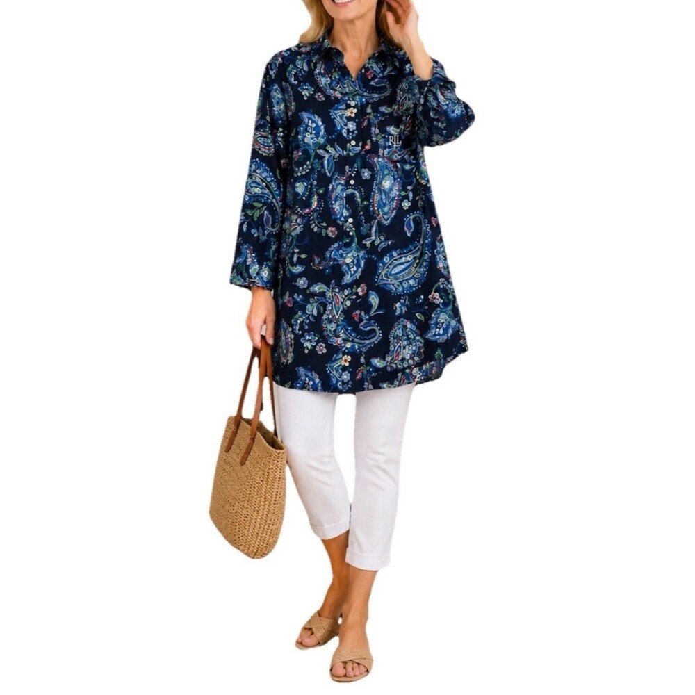 Lauren Ralph Lauren Preppy Beachy Paisley Cover up Button-Down Shirt Women